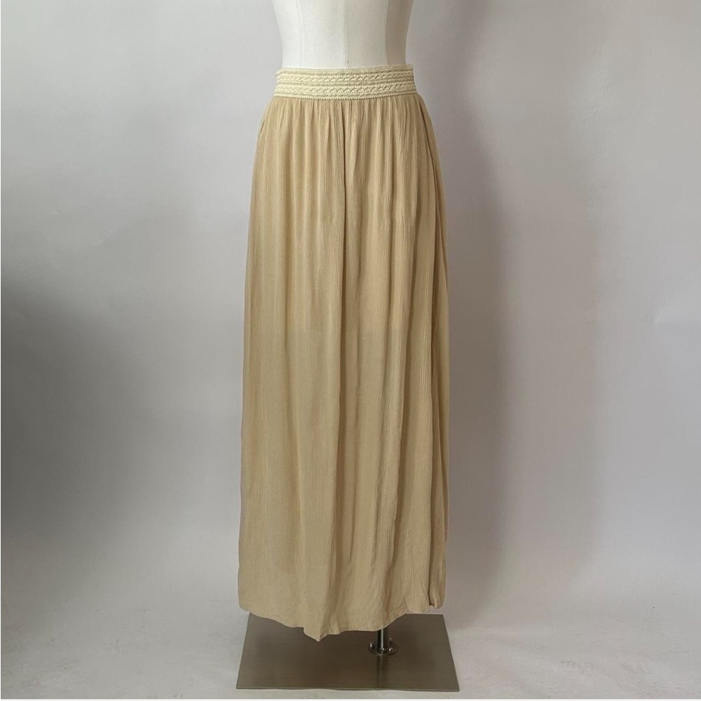 Vintage Active Boho Crinkled Maxi Skirt Crochet Knit Waistband Beige Tan Large